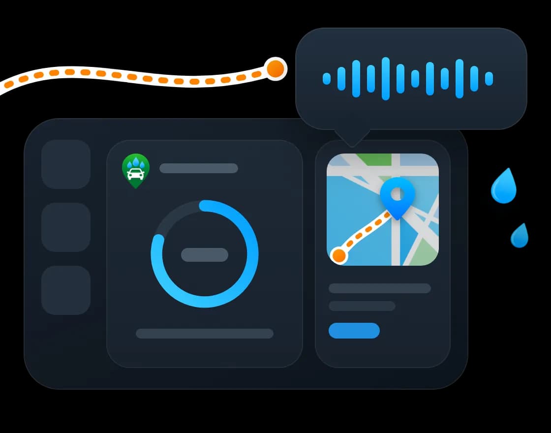 Drawing of a car dashboard screen with the Wash Near Me widget and a small map of the nearest wash, and a voice answer above it.